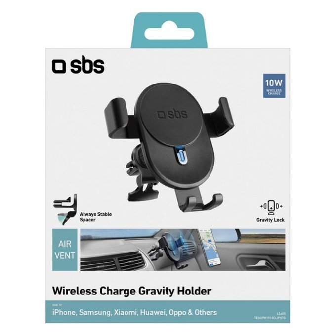Supporto auto Gravity con ricarica wireless 10W, Black, SBS