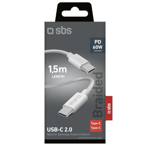 Cavo intrecciato da USB-C a USB-C PD 60W 2 m, White, SBS