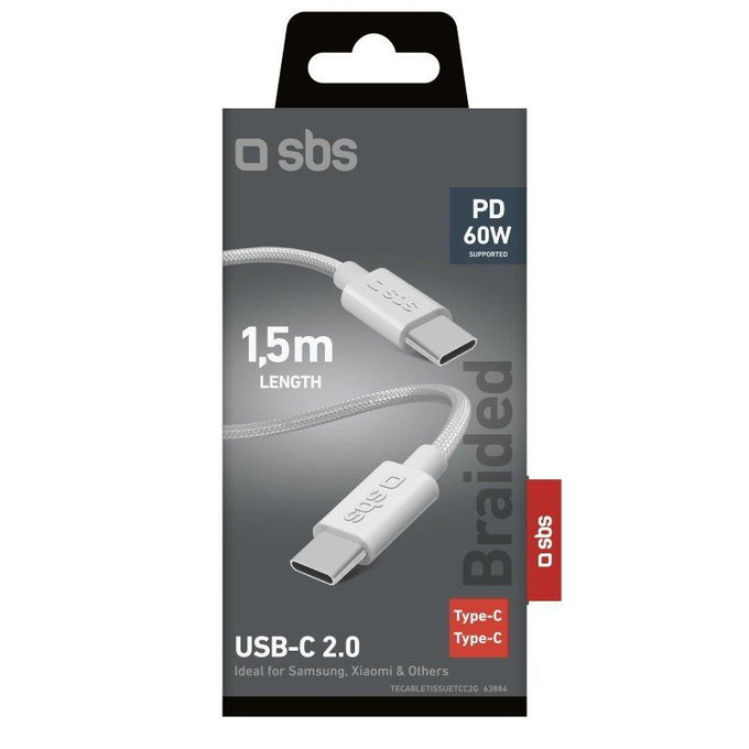 Cavo intrecciato da USB-C a USB-C PD 60W 2 m, White, SBS