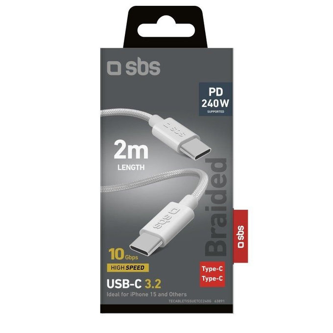 Cavo intrecciato da USB-C a USB-C PD 240W 2 m, White, SBS