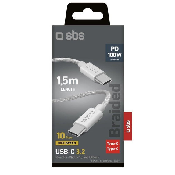 Cavo intrecciato da USB-C a USB-C PD 100W 1,5 m, White, SBS