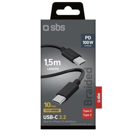 Cavo intrecciato da USB-C a USB-C PD 100W 1,5 m, Black, SBS