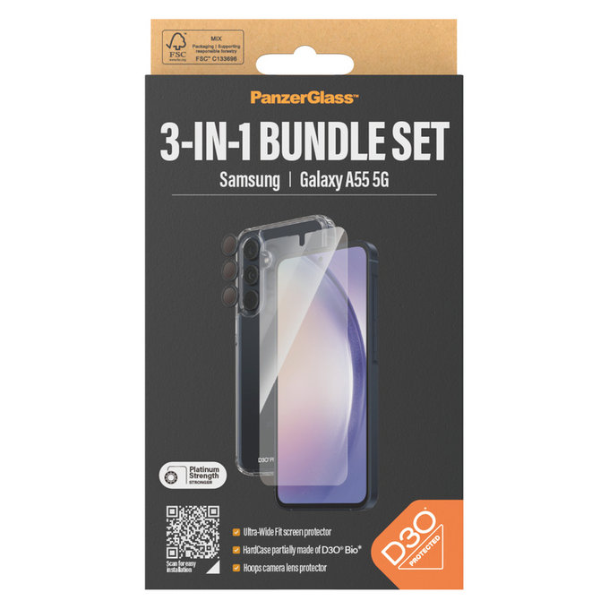 Bundle Hoops + Vetro temperato UWF + Hard Case D3O per Samsung Galaxy A55 5G, PanzerGlass