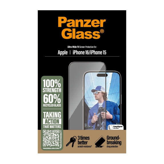 Vetro temperato UWF con applicatore per iPhone 16/15, Nero, PanzerGlass