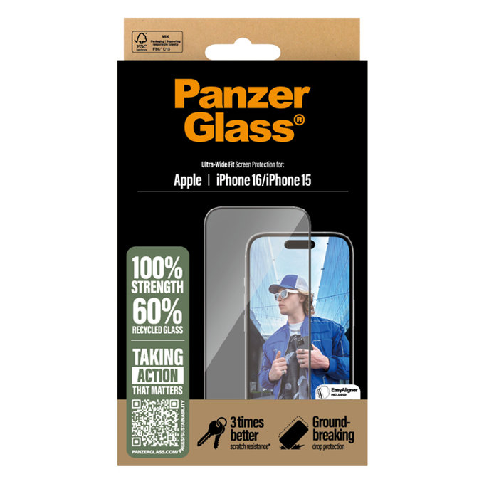 Vetro temperato UWF con applicatore per iPhone 16/15, Nero, PanzerGlass