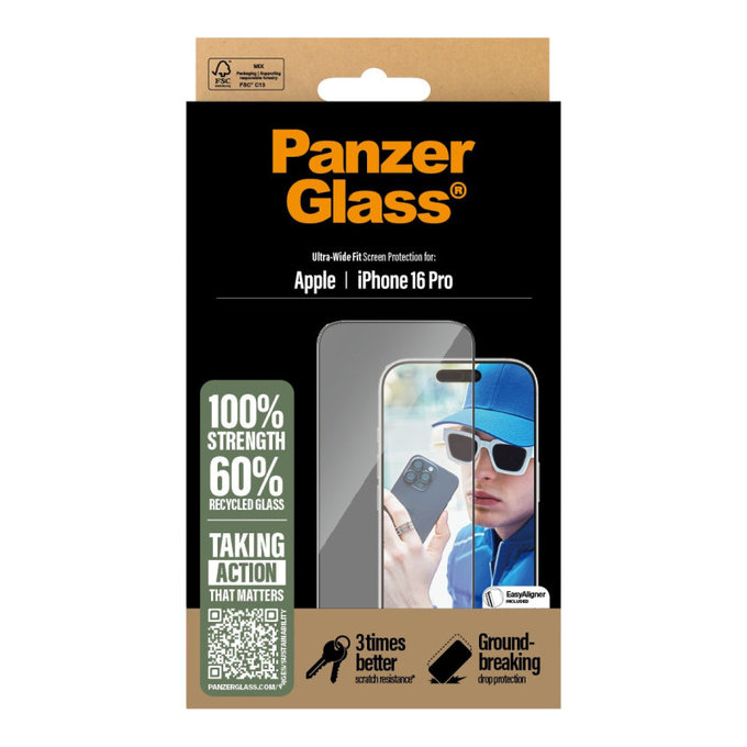 Vetro temperato UWF con applicatore per iPhone 16 Pro, Nero, PanzerGlass