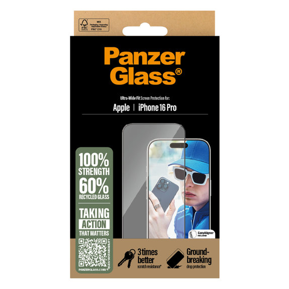 Vetro temperato UWF con applicatore per iPhone 16 Pro, Nero, PanzerGlass