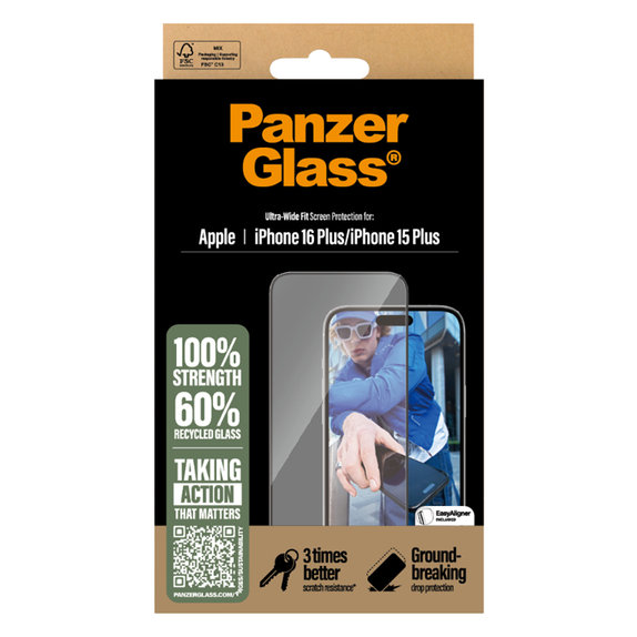 Vetro temperato UWF con applicatore per iPhone 16 Plus/15 Plus, Nero, PanzerGlass