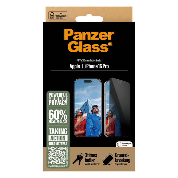 Vetro temperato UWF Privacy con applicator per iPhone 16 Pro, Black, PanzerGlass