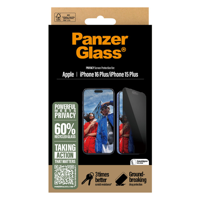 Vetro temperato UWF Privacy con applicator per iPhone 16 Plus, Black, PanzerGlass