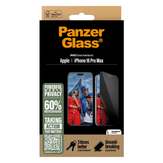 Vetro temperato UWF Privacy con applicator per iPhone 16 Pro Max, Black, PanzerGlass