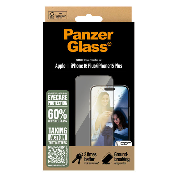 Vetro temperato UWF Eyecare con applicatore per iPhone 16 Plus/15 Plus, Nero, PanzerGlass