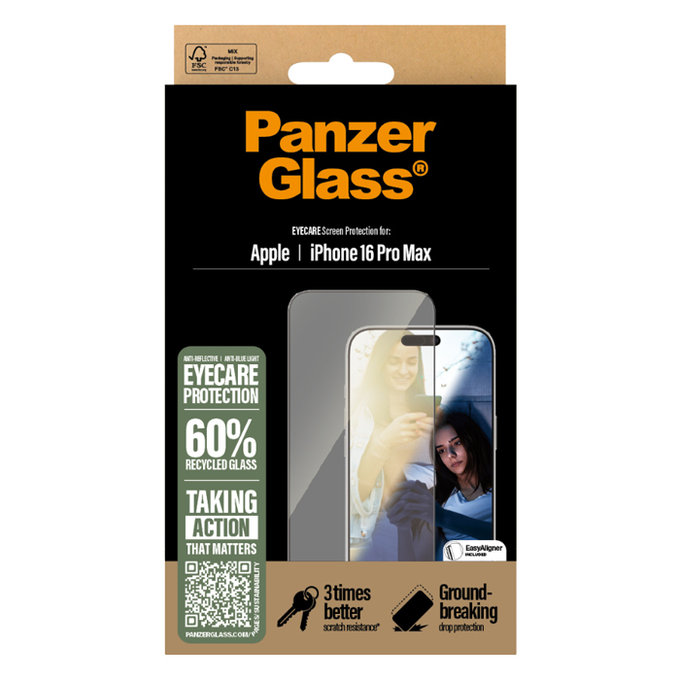 Vetro temperato UWF Eyecare con applicator per iPhone 16 Pro Max, Black, PanzerGlass