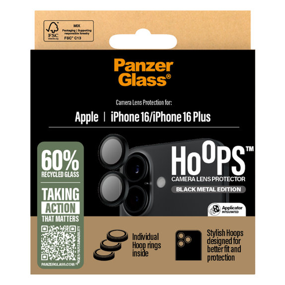 Anelli protettivi lente fotocamera per iPhone 16, 16 Plus, Black, PanzerGlass
