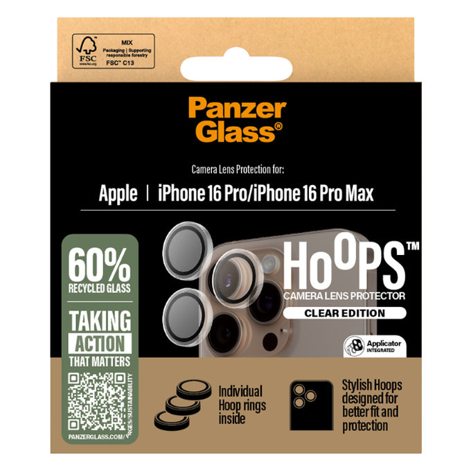 Anelli protettivi lente fotocamera per iPhone 16 Pro, 16 Pro Max, Transparent, PanzerGlass