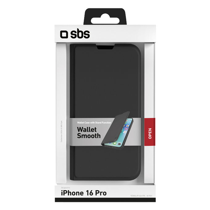Custodia Book Wallet Smooth per iPhone 16 Pro, Black, SBS