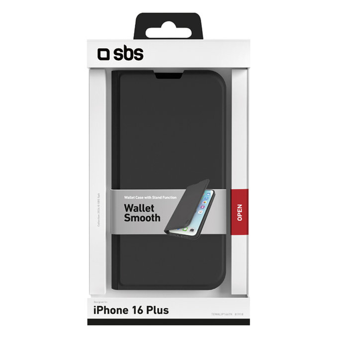 Custodia Book Wallet Smooth per iPhone 16 Plus, Black, SBS