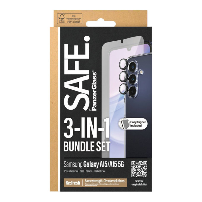 Bundle protezione lente fotocamera + vetro temperato UWF + cover TPU per Samsung A15 5G, SAFE