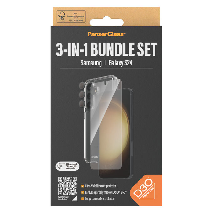 Bundle Hoops + Vetro temperato UWF + Hard Case D3O per Samsung Galaxy S24, PanzerGlass