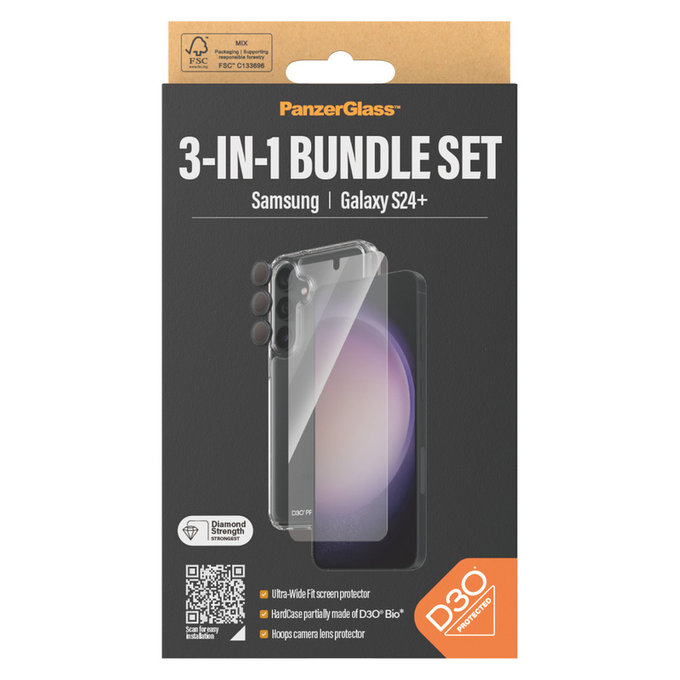 Bundle Hoops + Vetro temperato UWF + Hard Case D3O per Samsung Galaxy S24+, PanzerGlass