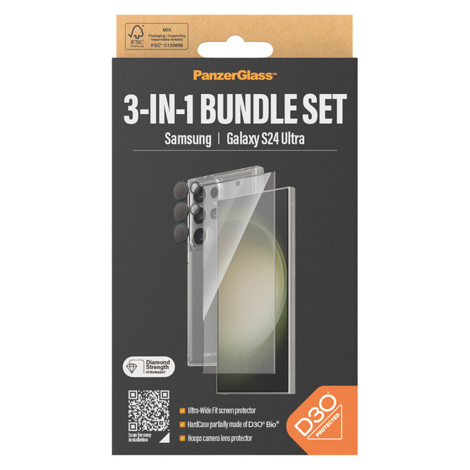 Bundle Hoops + Vetro temperato UWF + Hard Case D3O per Samsung Galaxy S24 Ultra, PanzerGlass
