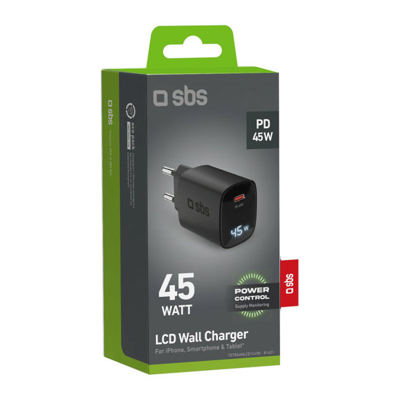 Adattatore da viaggio LCD USB-C, GaN, 45 W PD, nero, SBS