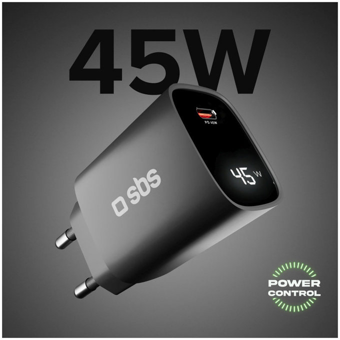 Adattatore da viaggio LCD USB-C, GaN, 45 W PD, nero, SBS