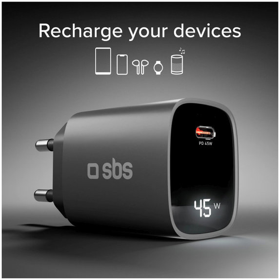 Adattatore da viaggio LCD USB-C, GaN, 45 W PD, nero, SBS