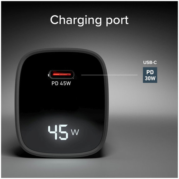 Adattatore da viaggio LCD USB-C, GaN, 45 W PD, nero, SBS