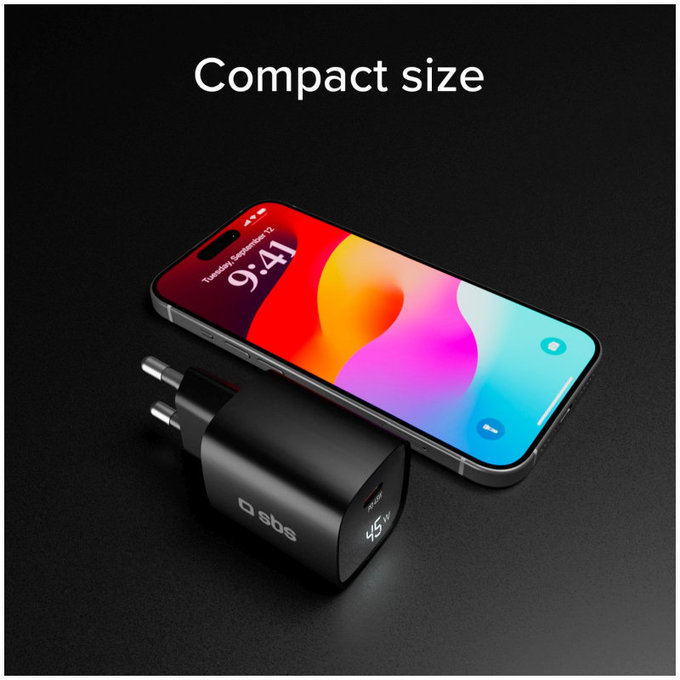 Adattatore da viaggio LCD USB-C, GaN, 45 W PD, nero, SBS