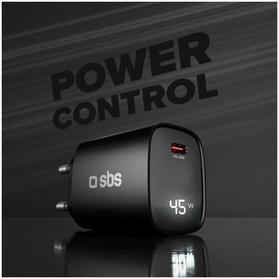 Adattatore da viaggio LCD USB-C, GaN, 45 W PD, nero, SBS