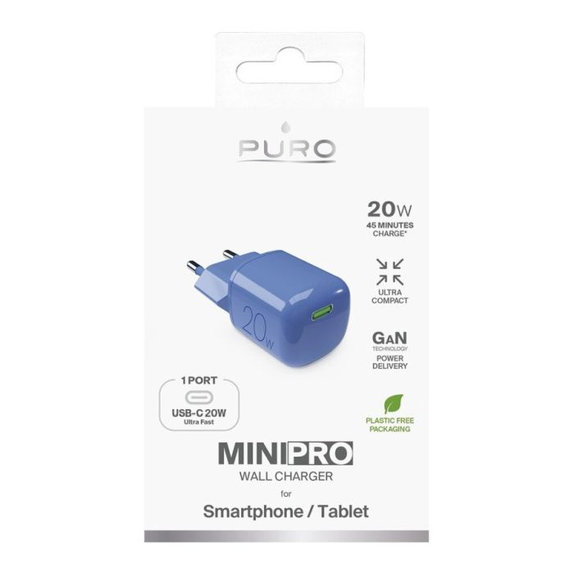 Adattatore di ricarica MiniPro USB-C GaN 20W, Blue Lagon, PURO