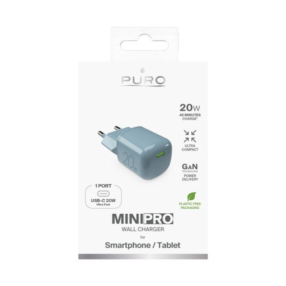 Adattatore di ricarica MiniPro USB-C GaN 20W, Island Mist, PURO