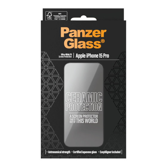 Vetro temperato UWF Ceramic con applicatore per iPhone 15 Pro, Nero, PanzerGlass