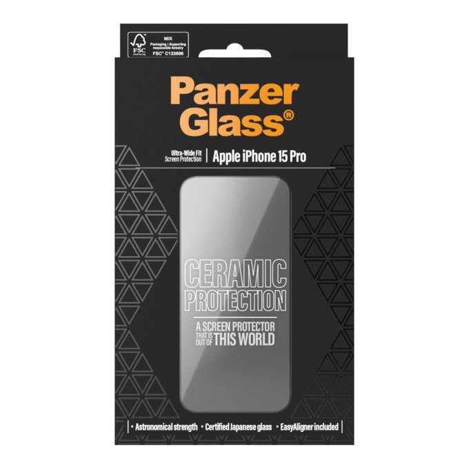 Vetro temperato UWF Ceramic con applicatore per iPhone 15 Pro, Nero, PanzerGlass