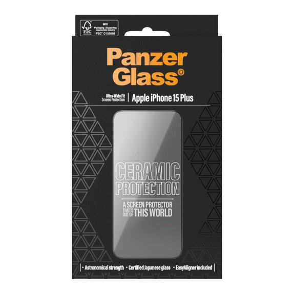 Vetro temperato UWF Ceramic con applicatore per iPhone 15 Plus, Nero, PanzerGlass