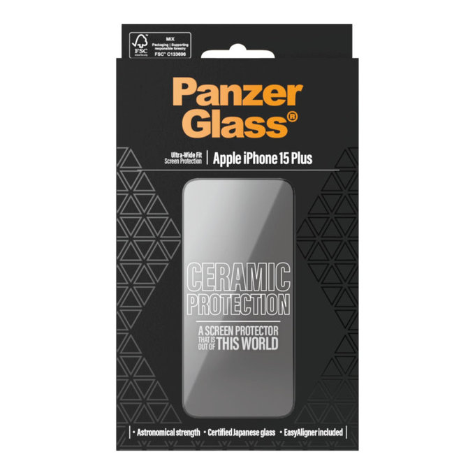 Vetro temperato UWF Ceramic con applicatore per iPhone 15 Plus, Nero, PanzerGlass