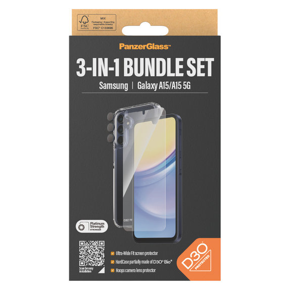 Bundle Hoops + Vetro temperato UWF + Hard Case D3O per Samsung Galaxy A15/A15 5G, PanzerGlass