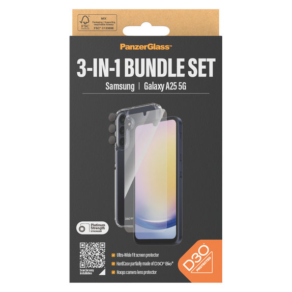Bundle Hoops + Vetro temperato UWF + Hard Case D3O per Samsung Galaxy A25 5G, Trasparente, PanzerGlass