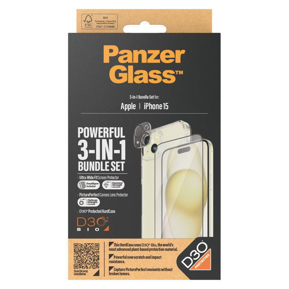 Bundle PicturePerfect + Vetro temperato UWF + Hard Case D3O per iPhone 15, PanzerGlass