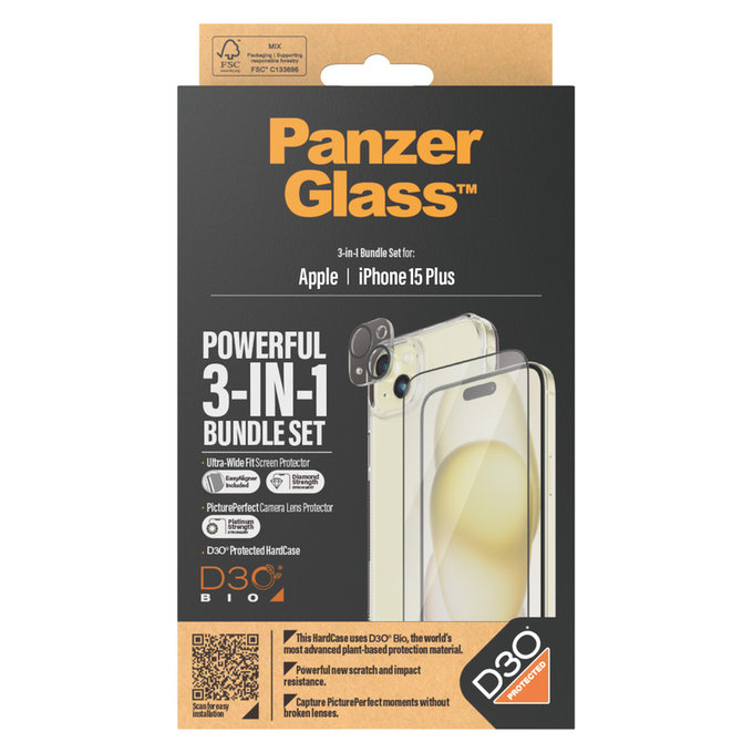 Bundle PicturePerfect + Vetro temperato UWF + Hard Case D3O per iPhone 15 Plus, PanzerGlass