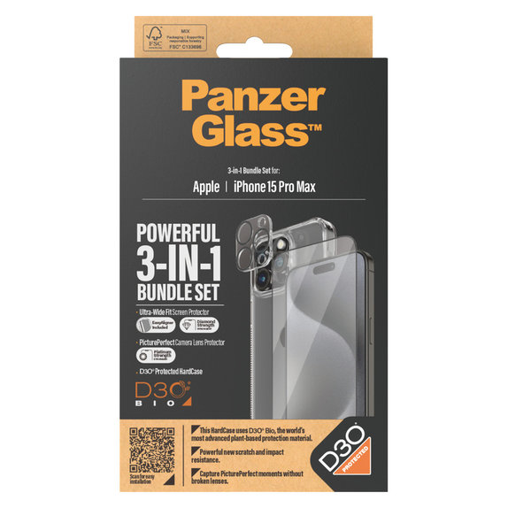 Bundle PicturePerfect + Vetro temperato UWF + Hard Case D3O per iPhone 15 Pro Max, PanzerGlass