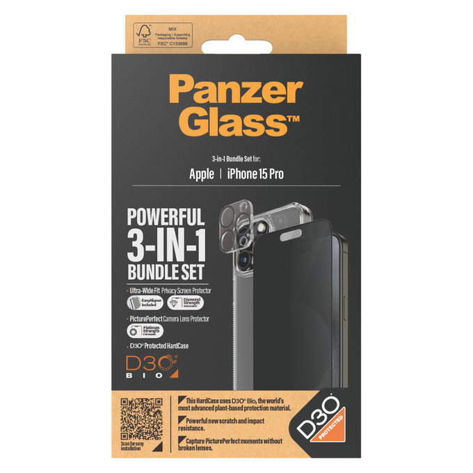 Bundle PicturePerfect + Vetro temperato UWF Privacy + Hard Case D3O per iPhone 15 Pro, PanzerGlass