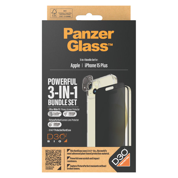 Bundle PicturePerfect + Vetro temperato UWF Privacy + Hard Case D3O per iPhone 15 Plus, PanzerGlass