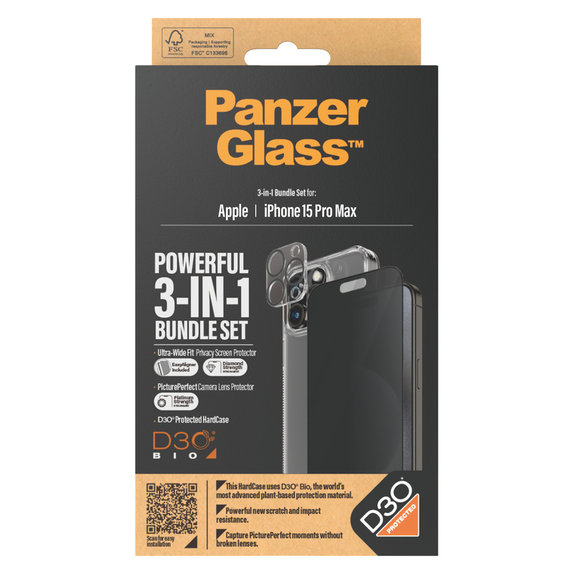 Bundle PicturePerfect + Vetro temperato UWF Privacy + Hard Case D3O per iPhone 15 Pro Max, PanzerGlass
