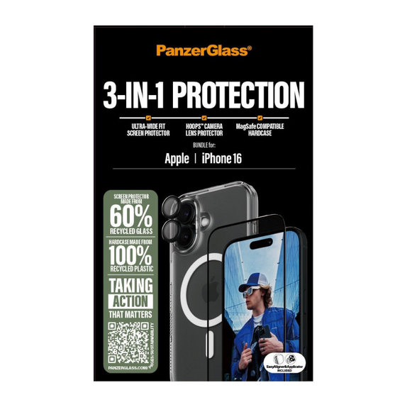 Bundle 3-in-1 Hoops + Vetro temperato UWF + Hard Case per iPhone 16, PanzerGlass