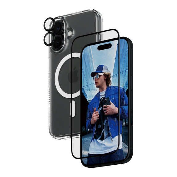 Bundle 3-in-1 Hoops + Vetro temperato UWF + Hard Case per iPhone 16, PanzerGlass