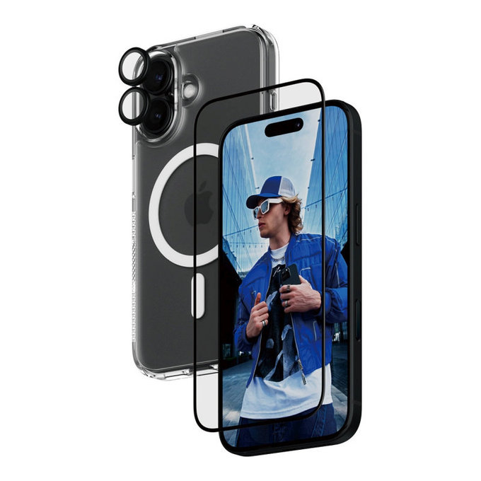 Bundle 3-in-1 Hoops + Vetro temperato UWF + Hard Case per iPhone 16, PanzerGlass