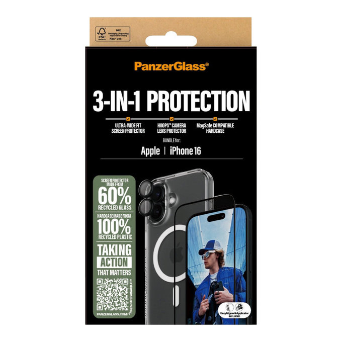 Bundle 3-in-1 Hoops + Vetro temperato UWF + Hard Case per iPhone 16, PanzerGlass