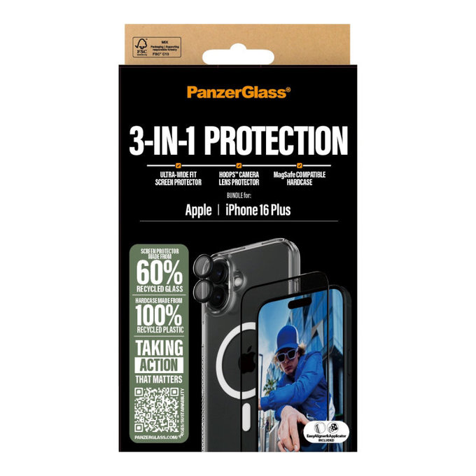 Bundle Hoops + Vetro temperato UWF + Hard Case per iPhone 16 Plus, PanzerGlass